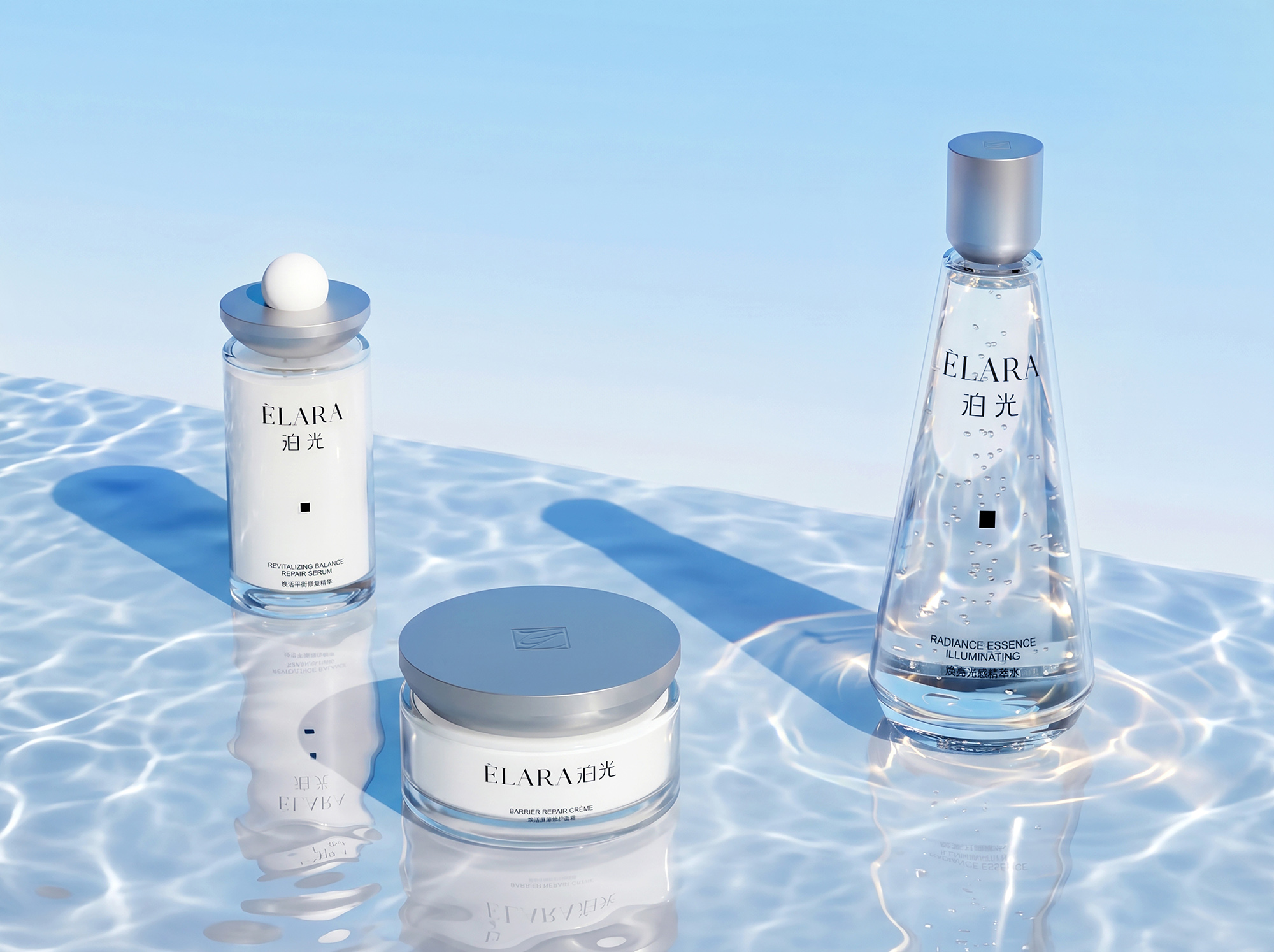 ÉLARA skincare products in a blue water setting